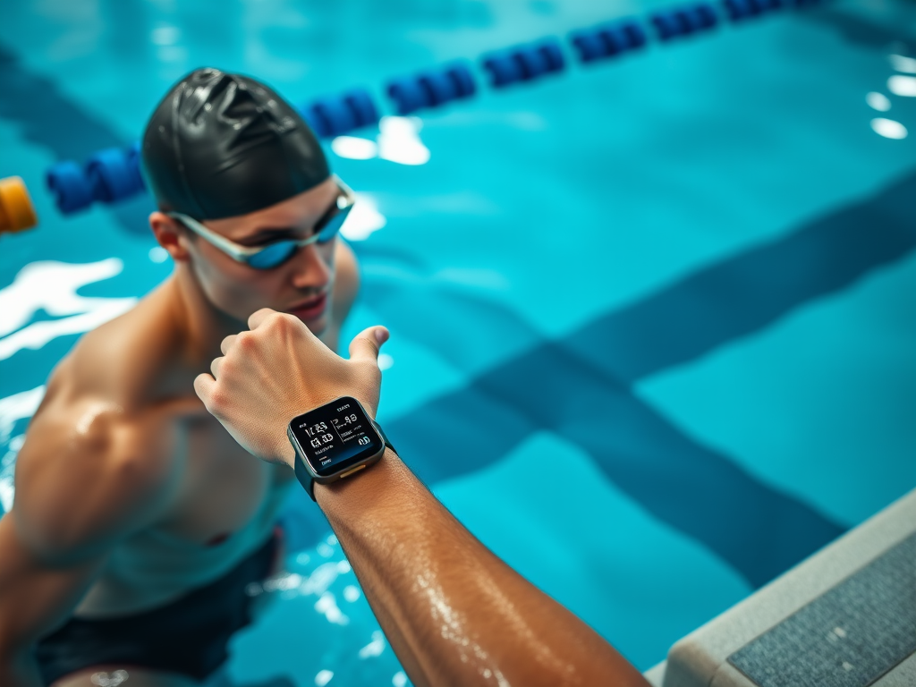 Zwemmer bekijkt prestatiegegevens op een horloge aan de rand van het zwembad.