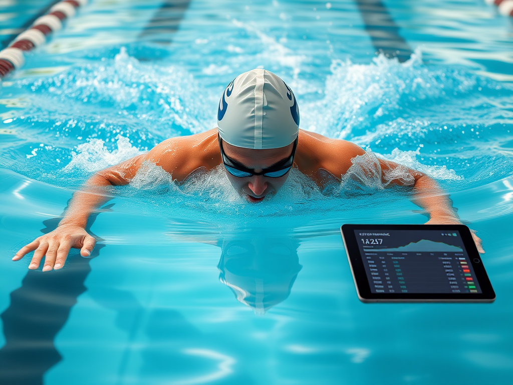 Een zwemmende atleet in een zwembad met een tablet.
