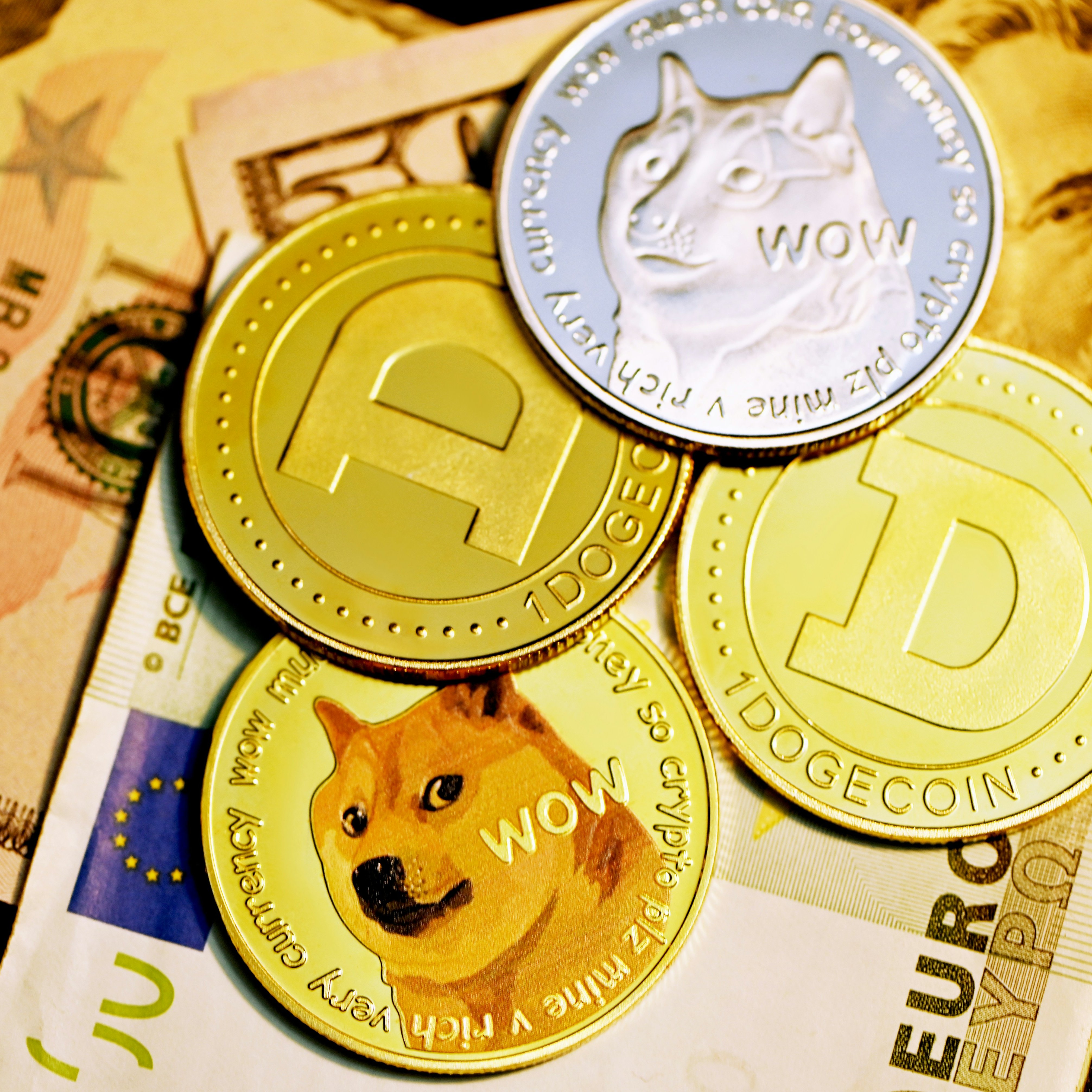 Four Dogecoins on top of a USD bill and Euro note.