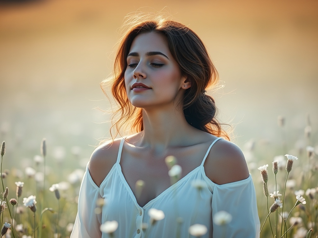 A serene 33+ woman in a sunlit meadow, slow breathing, flowing light “prana” around her, gentle motion, calm blue-white glow.