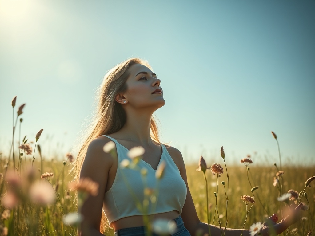A serene 33+ woman in a sunlit meadow, slow breathing, flowing light “prana” around her, gentle motion, calm blue-white glow.