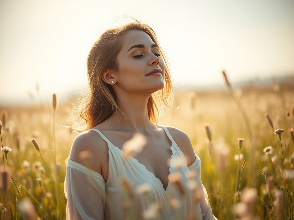 A serene 33+ woman in a sunlit meadow, slow breathing, flowing light “prana” around her, gentle motion, calm blue-white glow.