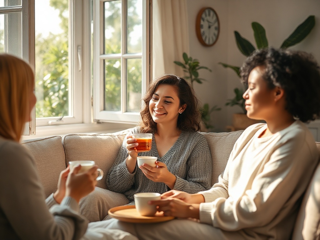 "soft summer light in a calm living room, three diverse women relaxing with tea and open windows, serene faces, subtle floating heart-shaped glow, dreamy greenery, candid testimonial mood"
