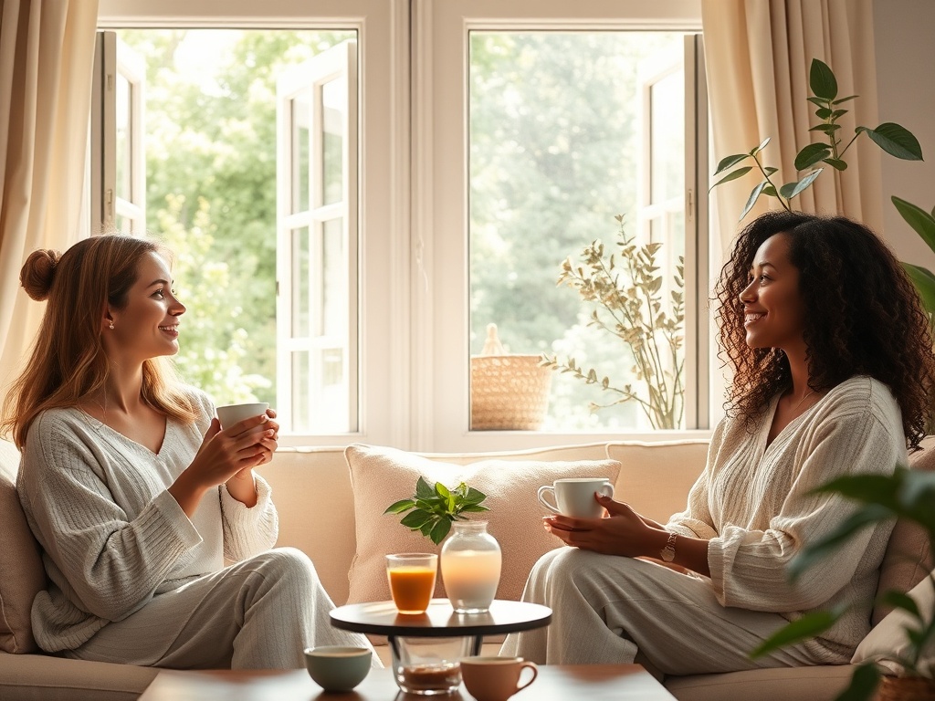 "soft summer light in a calm living room, three diverse women relaxing with tea and open windows, serene faces, subtle floating heart-shaped glow, dreamy greenery, candid testimonial mood"