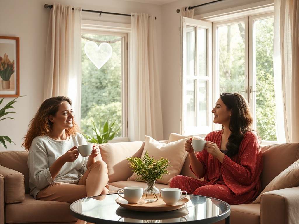 "soft summer light in a calm living room, three diverse women relaxing with tea and open windows, serene faces, subtle floating heart-shaped glow, dreamy greenery, candid testimonial mood"