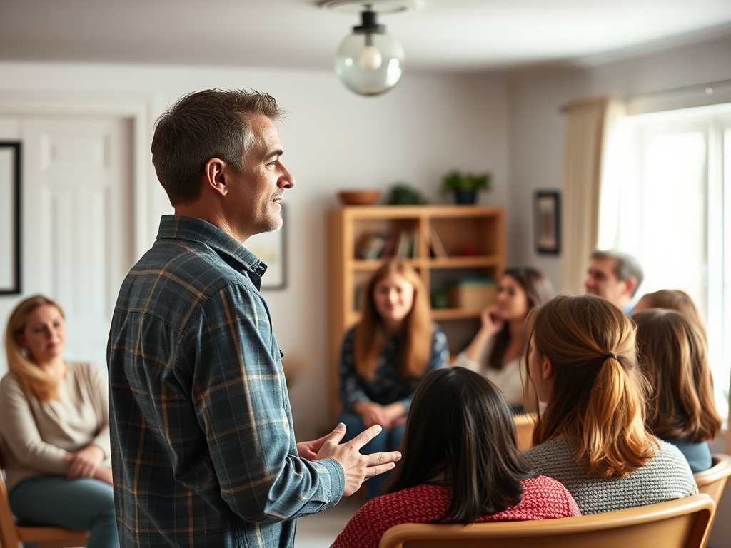 A calm, confident person speaking to a small, attentive audience in a bright, cozy room with soft natural light, relaxed posture, and warm expressions.