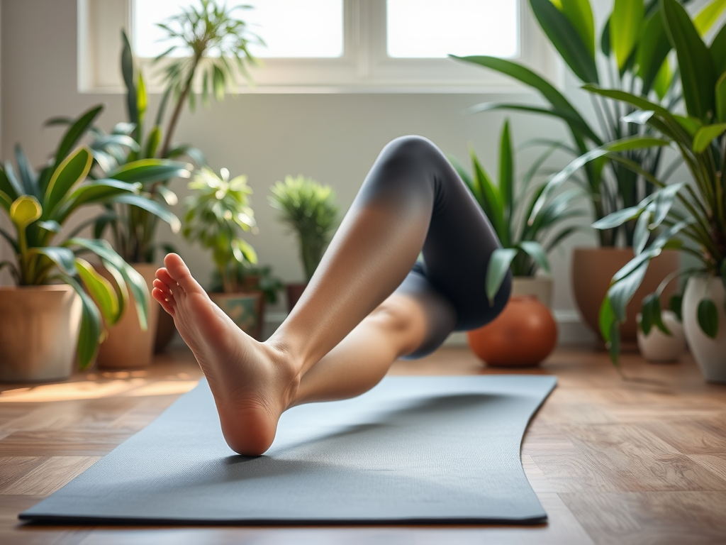 Een persoon doet voet oefeningen op een yogamat omringd door planten.