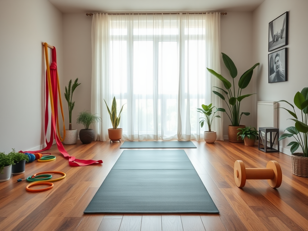 Een serene home gym met een yogamat en planten.