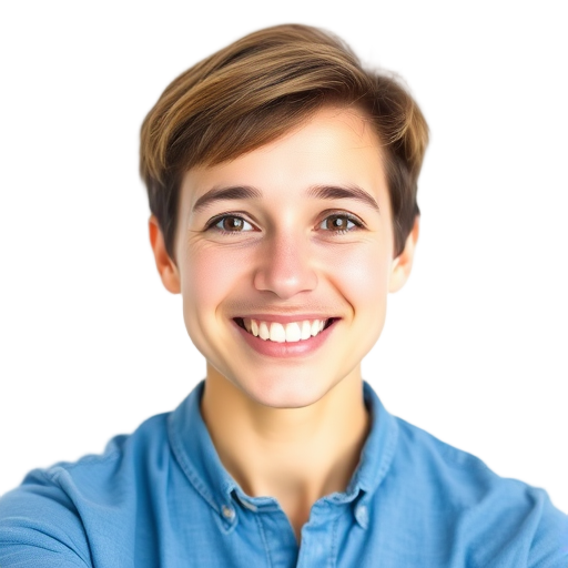 Een persoon die lachend naar de camera kijkt.