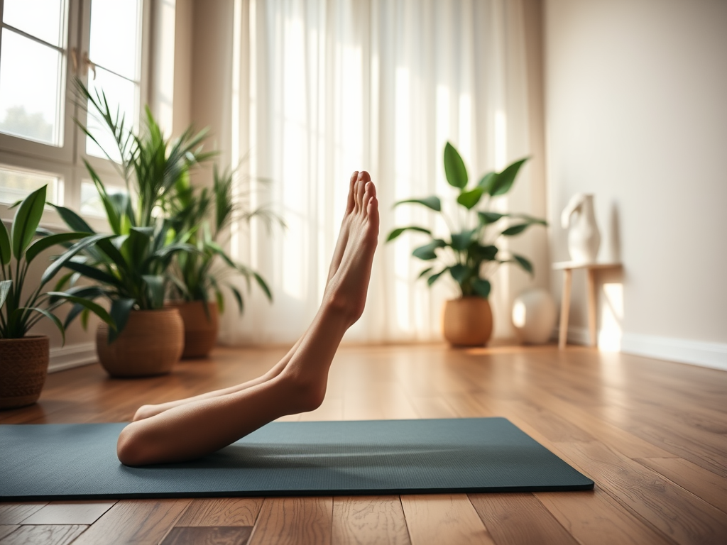 Een persoon voert voet oefeningen uit op een yogamat.