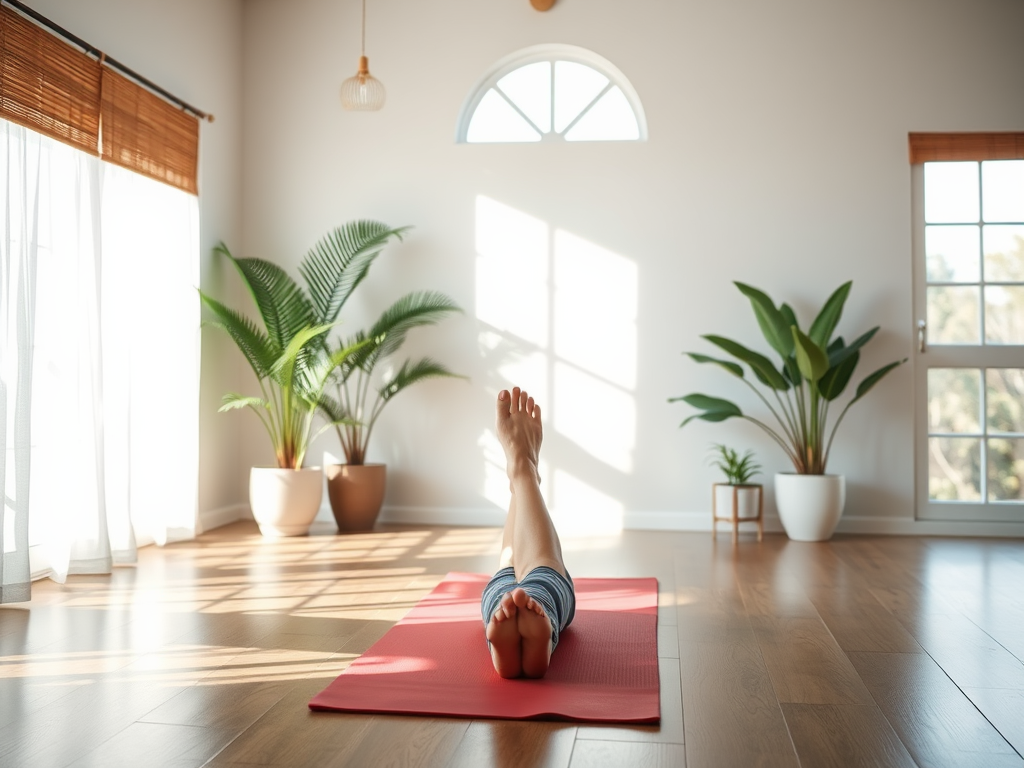 Een persoon doet voet oefeningen op een yogamat in een lichte ruimte.