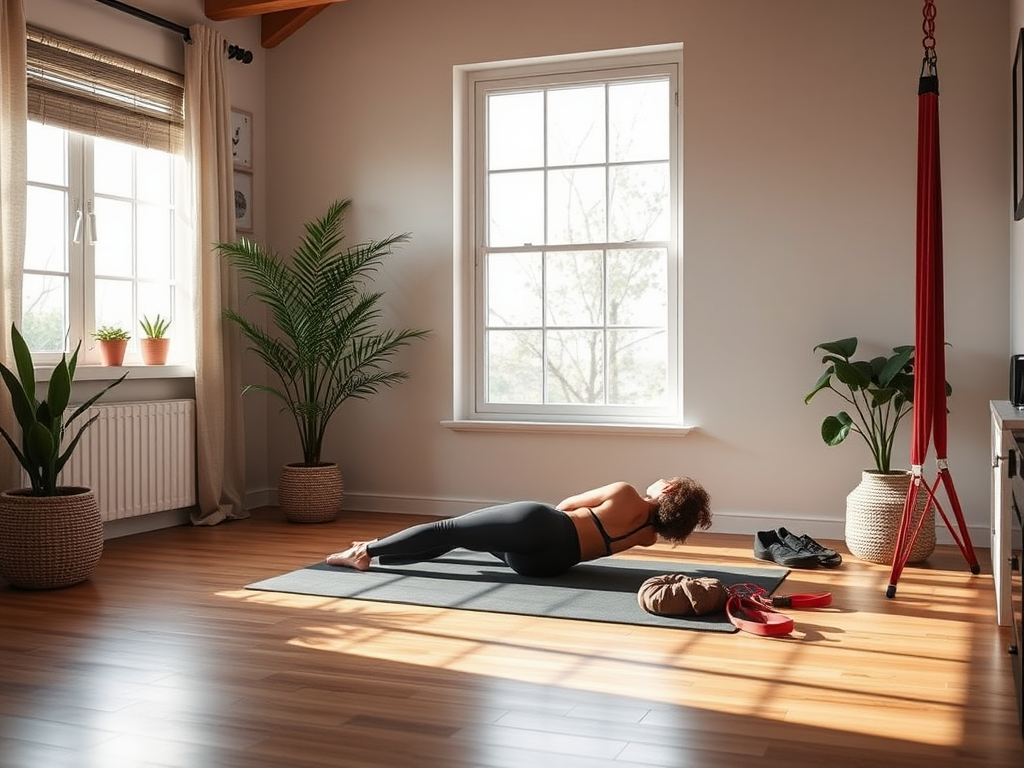 Een rustige thuis workout ruimte met yoga mat en planten.
