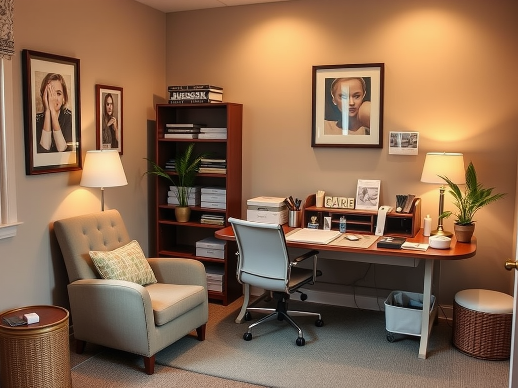 Een warme kantoorruimte met een gezellige stoel en bureau.