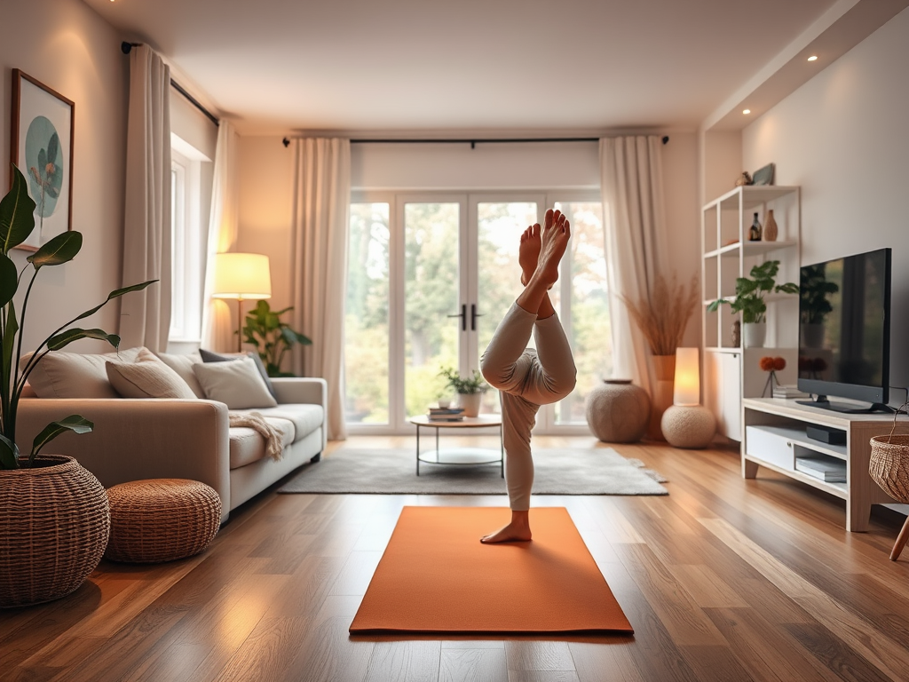 Een persoon oefent op een yogamat in een gezellige woonkamer.