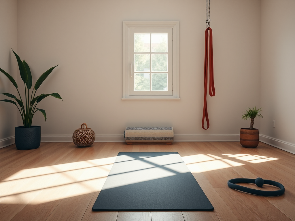 Rustige thuis workoutruimte met yogamat en weerstandsbanden.