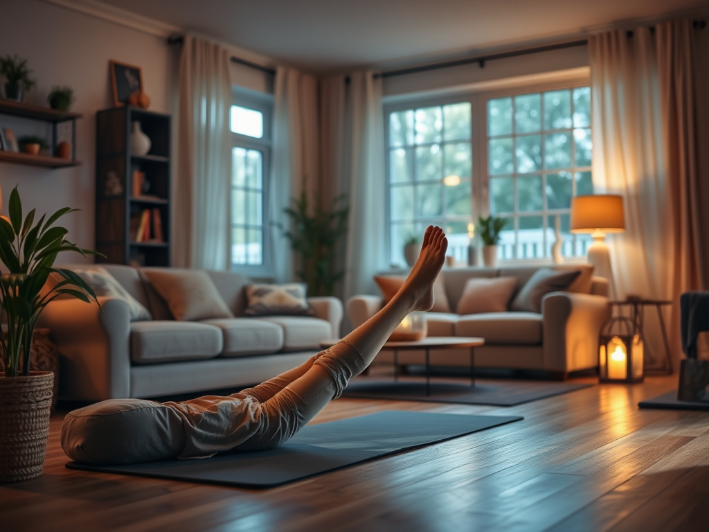 Een gezellige woonkamer met iemand op een yogamat.