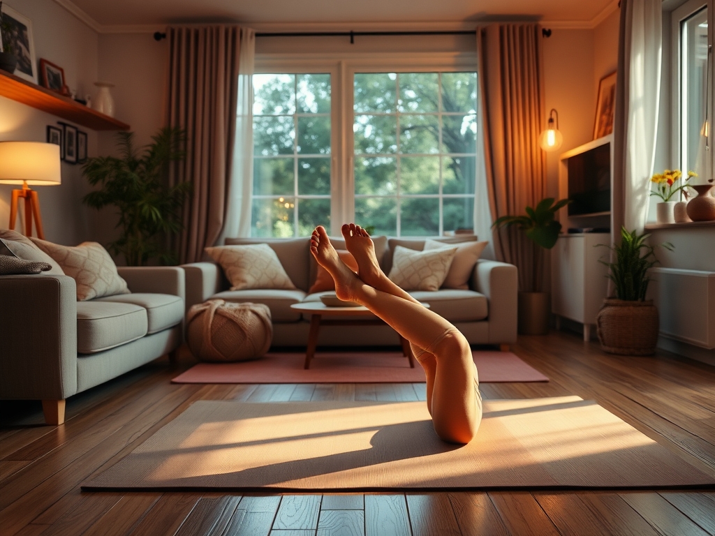 Een gezellige woonkamer met iemand die voet oefeningen doet.