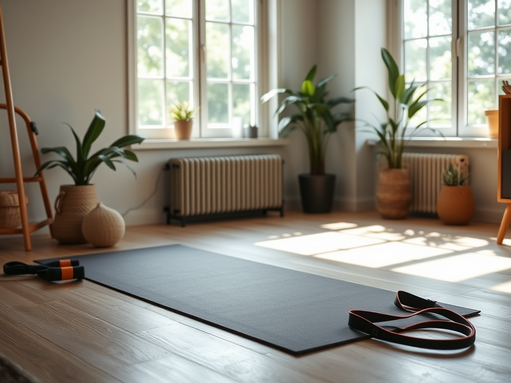 Een rustige thuis workoutruimte met een yogamat en planten.