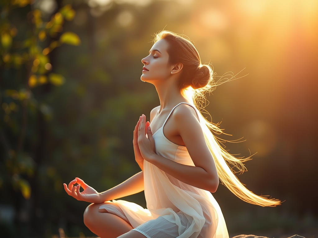 "a serene woman practicing deep breathing exercises" "soft glowing energy flowing through her body" "peaceful natural setting with gentle sunlight" "subtle movement emphasizing calm and vitality"