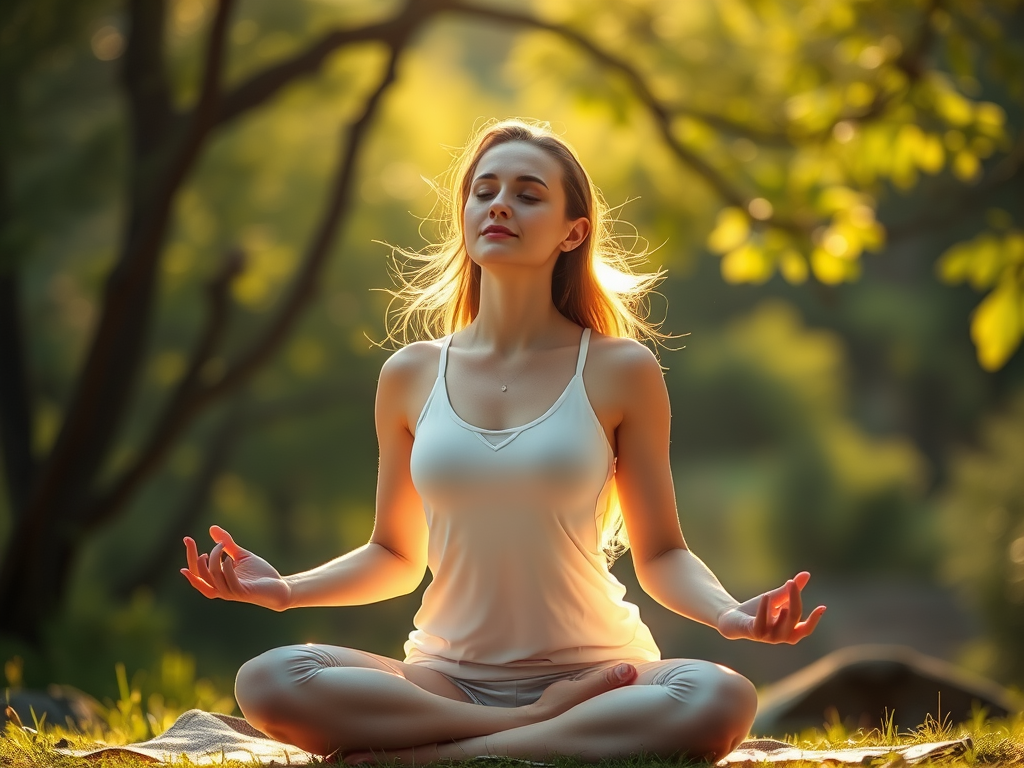 "a serene woman practicing deep breathing exercises" "soft glowing energy flowing through her body" "peaceful natural setting with gentle sunlight" "subtle movement emphasizing calm and vitality"