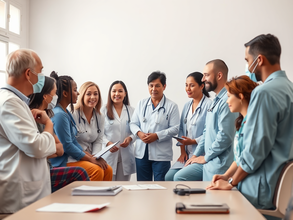 A warm, professional workshop scene with diverse healthcare workers engaged in discussion, practical exercises, and teamwork, surrounded by calm, supportive atmosphere and subtle emotional expressions.