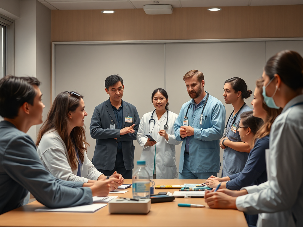 A warm, professional workshop scene with diverse healthcare workers engaged in discussion, practical exercises, and teamwork, surrounded by calm, supportive atmosphere and subtle emotional expressions.