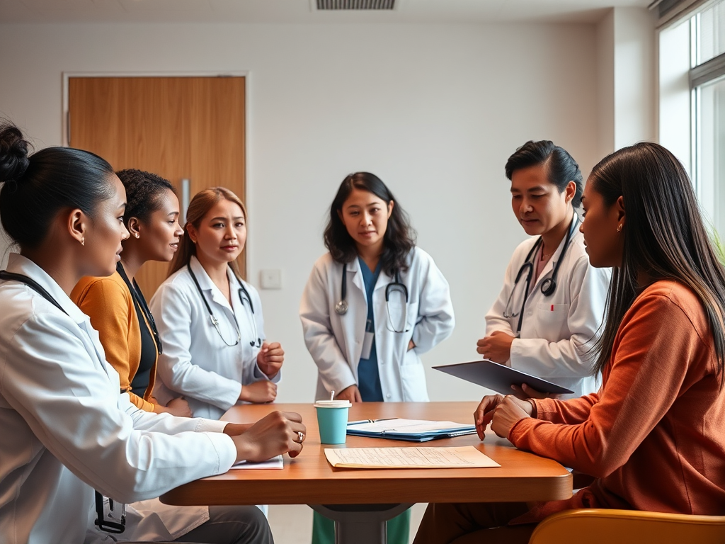 A warm, professional workshop scene with diverse healthcare workers engaged in discussion, practical exercises, and teamwork, surrounded by calm, supportive atmosphere and subtle emotional expressions.