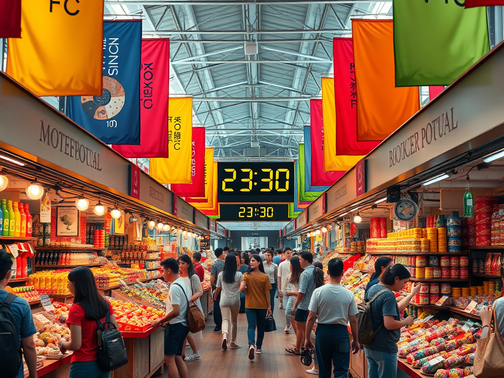 Een levendige markt met kleurrijke banners en drukke shoppers.