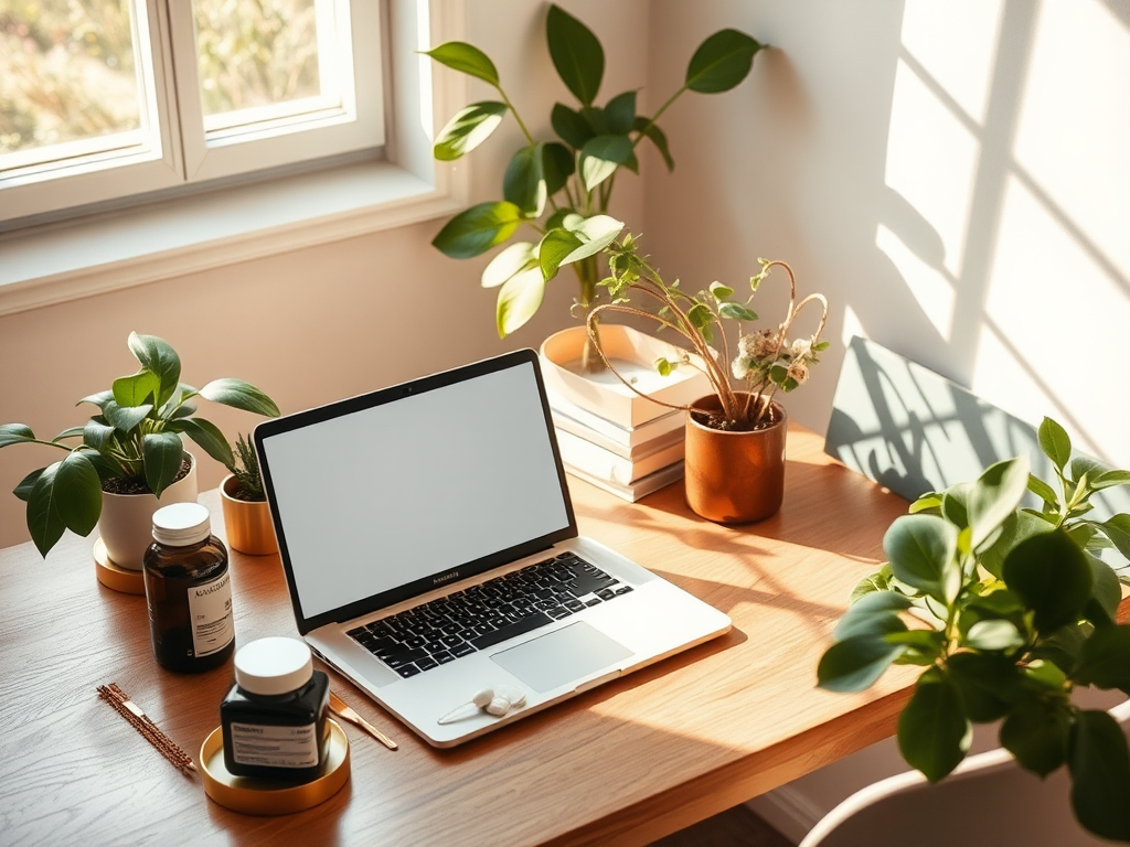 Rustige werkplek met een laptop, kruiden en planten.