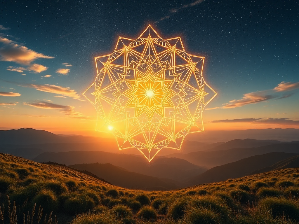 Een serene landschap met een stralend geometrisch patroon in de lucht.