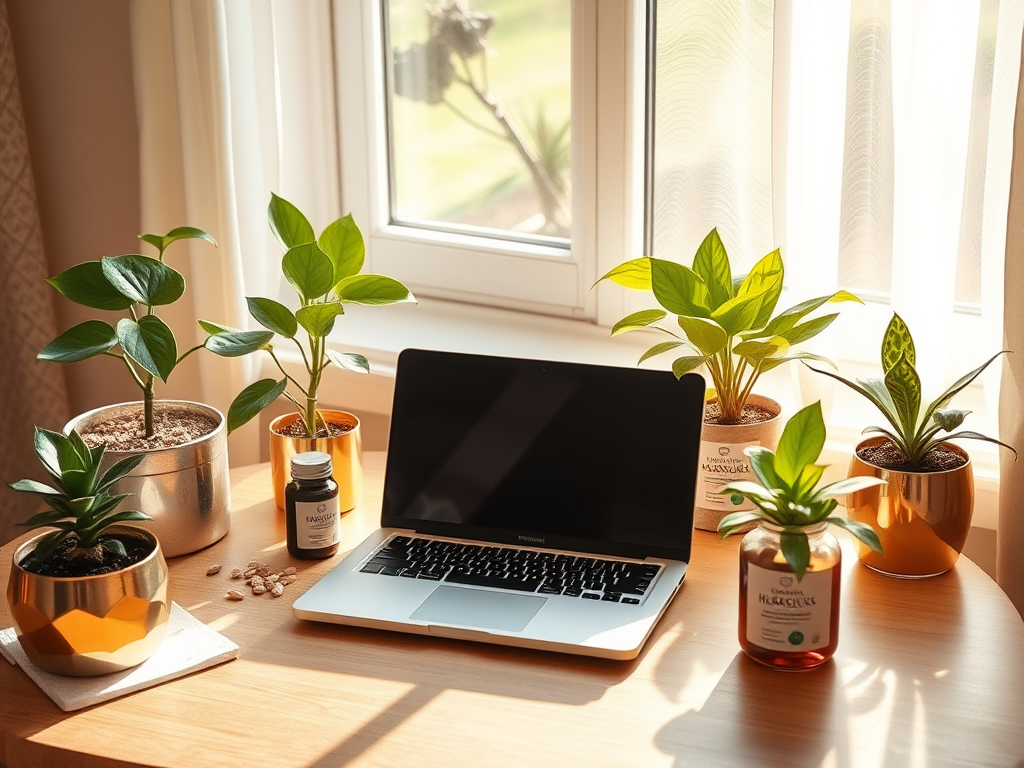 Rustige werkplek met laptop, kruiden en planten.