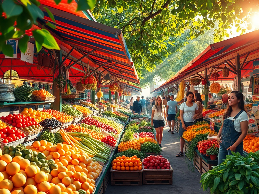 Een levendige markt met kleurrijke kraampjes vol verse producten.
