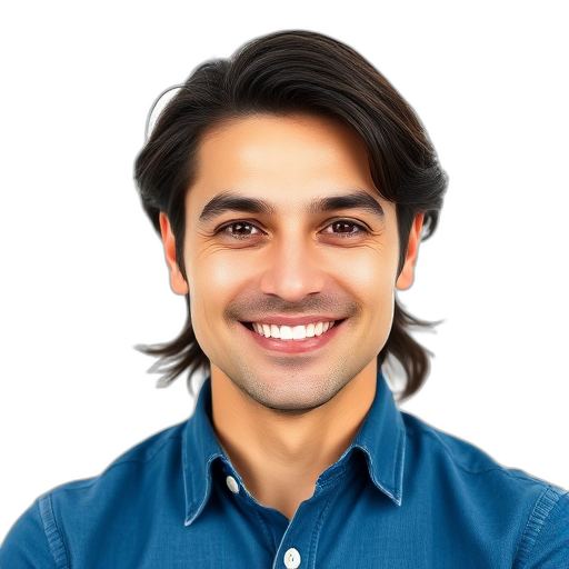 Een persoon die lachend naar de camera kijkt.