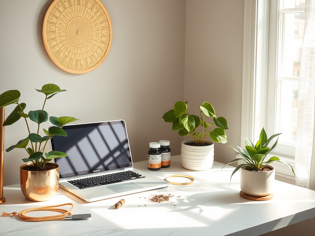 Een rustige werkplek met een laptop en planten.