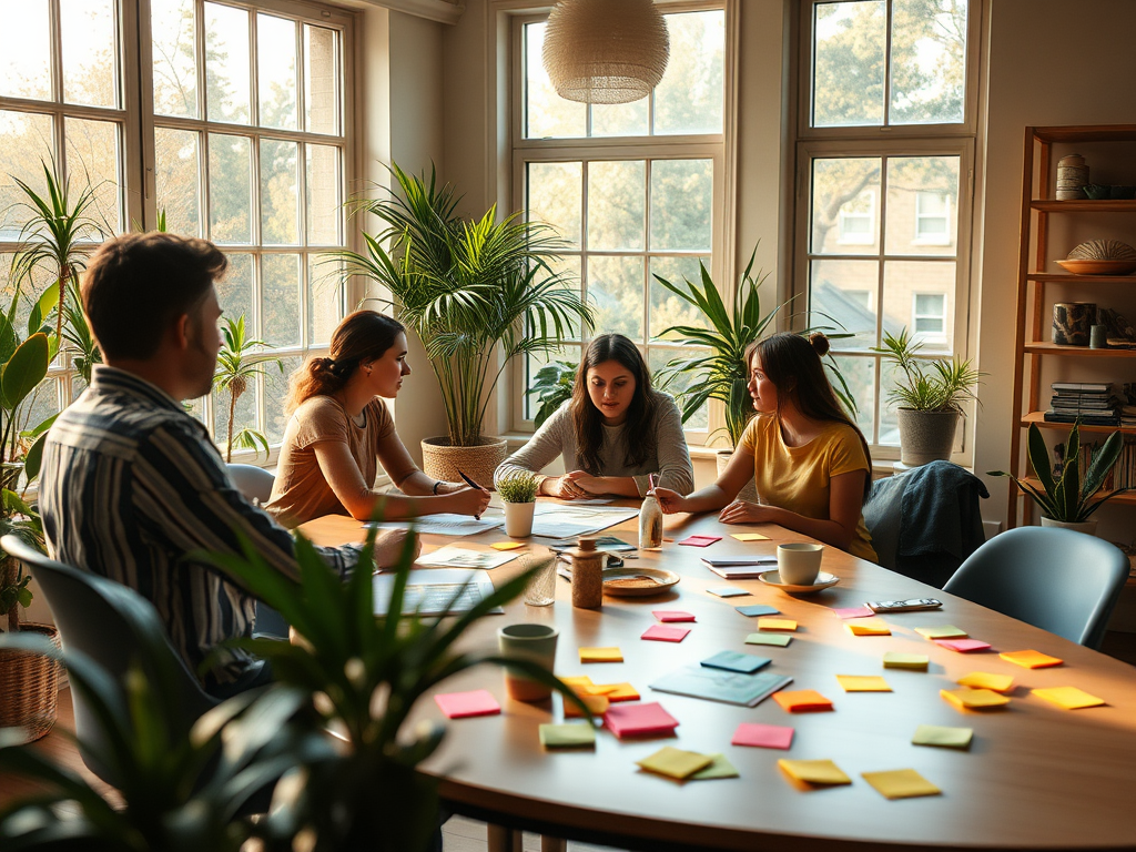 A warm, inviting workspace with "people brainstorming around a table," soft natural light filtering through large windows, cozy plants and colorful sticky notes scattered.