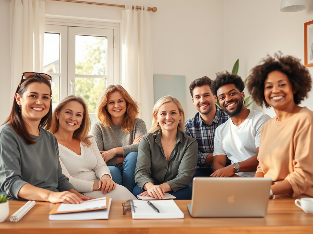 "diverse group of relaxed, confident people" "warm natural lighting" "calm home office setting" "subtle creative tools like notebooks and laptops" "soft pastel colors" "peaceful, authentic atmosphere"