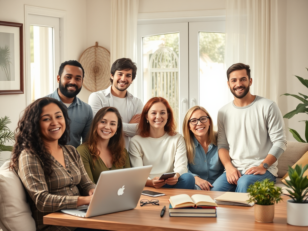 "diverse group of relaxed, confident people" "warm natural lighting" "calm home office setting" "subtle creative tools like notebooks and laptops" "soft pastel colors" "peaceful, authentic atmosphere"