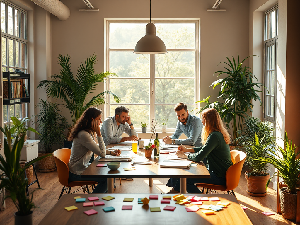 A warm, inviting workspace with "people brainstorming around a table," soft natural light filtering through large windows, cozy plants and colorful sticky notes scattered.
