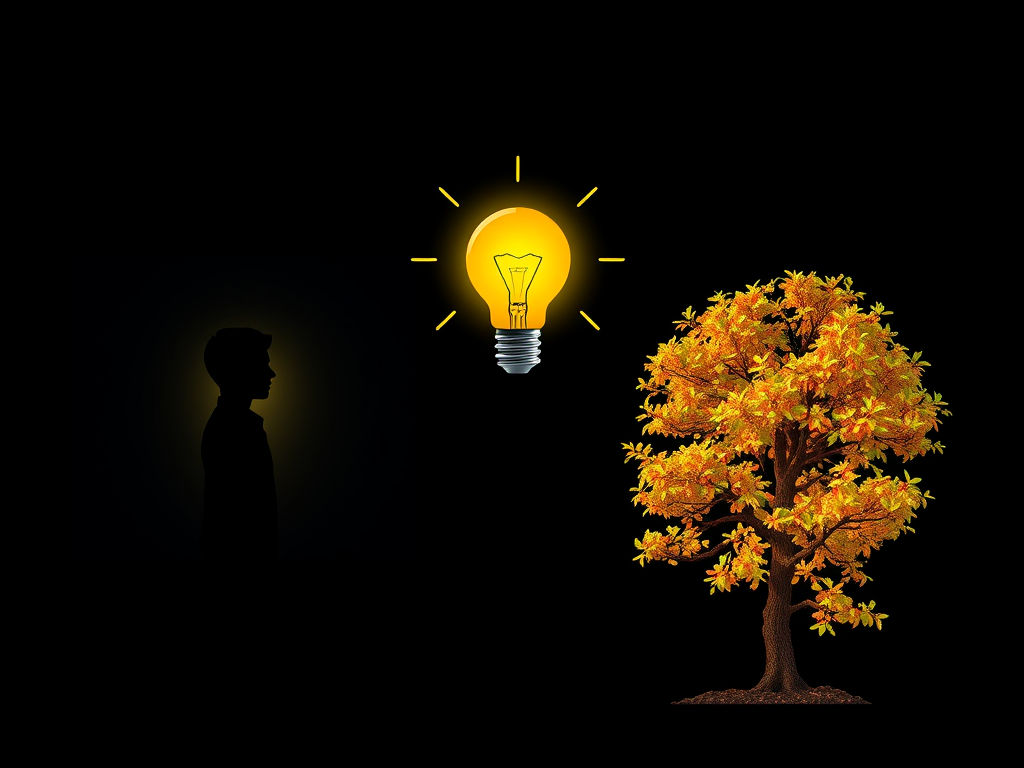 A three-part journey represented by "a glowing human silhouette," "creative lightbulb ideas," and "a flourishing tree with vibrant leaves," symbolizing growth and strategy.