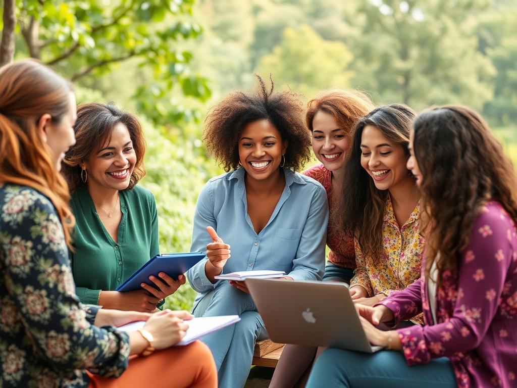 Een diverse groep vrouwen in een coachingssessie in de natuur.