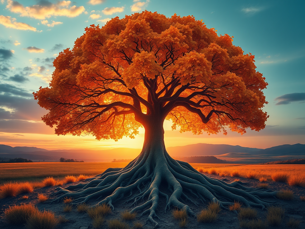Een levendige boom met gloeiende bladeren tijdens zonsondergang.