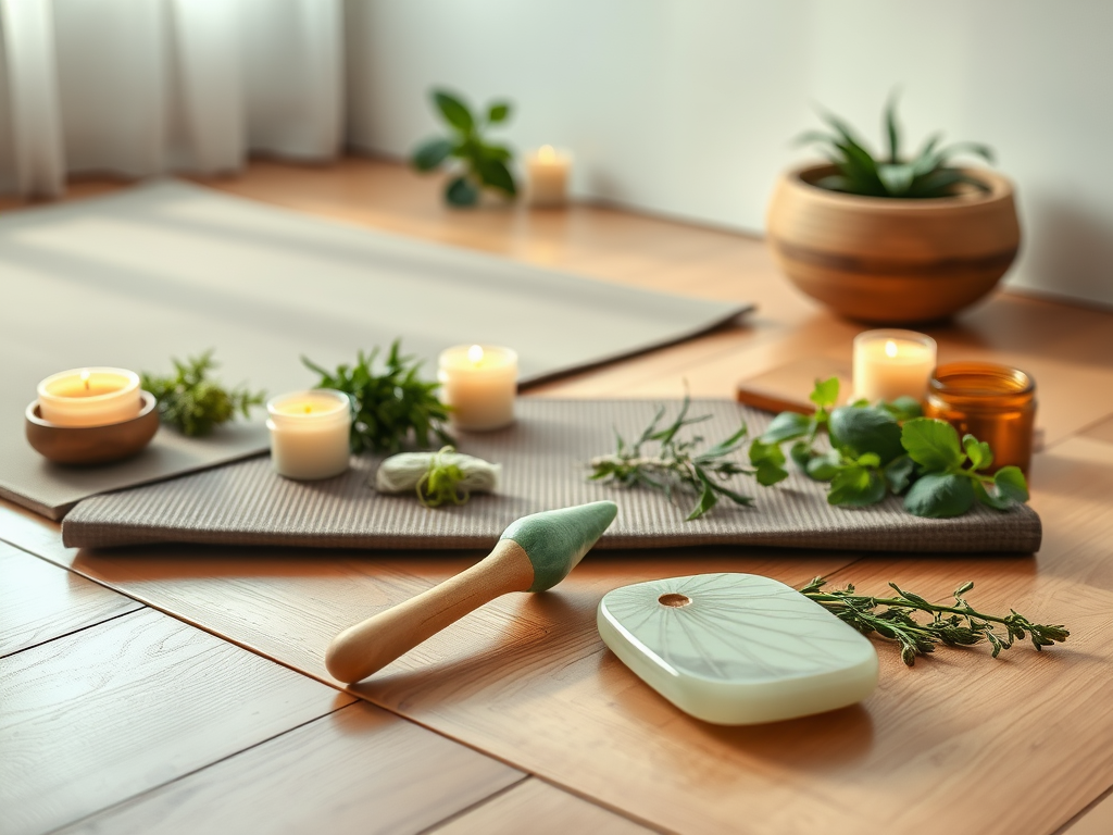 Een serene wellnessstudio met jade guasha-tools en kaarsen.