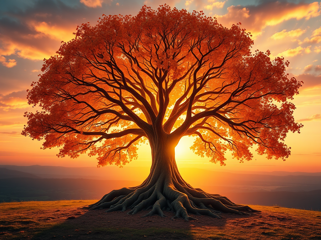 Een levendige boom met gloeiende bladeren bij zonsondergang.