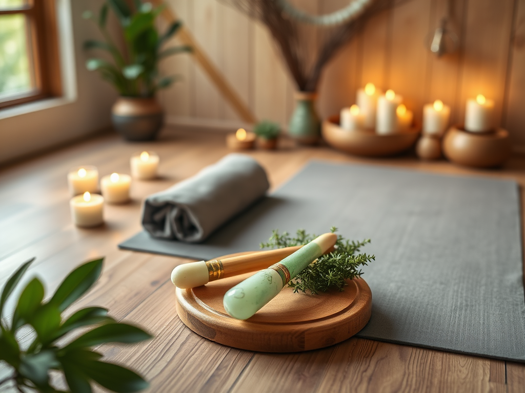 Een serene wellnessstudio met jade guasha-tools en kaarsen.