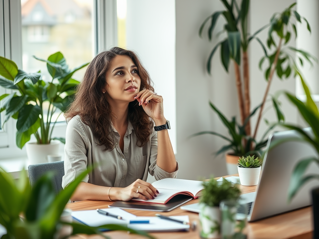 Een vrouw denkt na tijdens een coaching sessie aan een bureau.