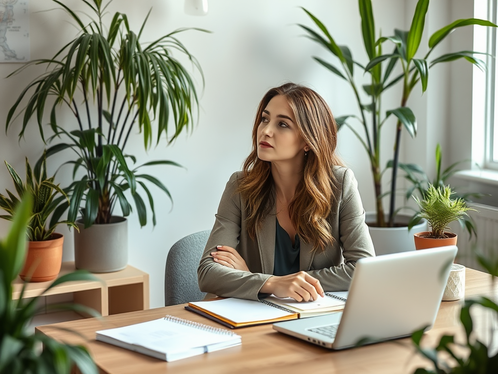 Een zelfverzekerde vrouw in gedachten achter een bureau met planten.