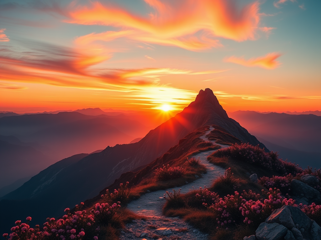 Een levendige zonsopgang boven een bergketen met bloemen.