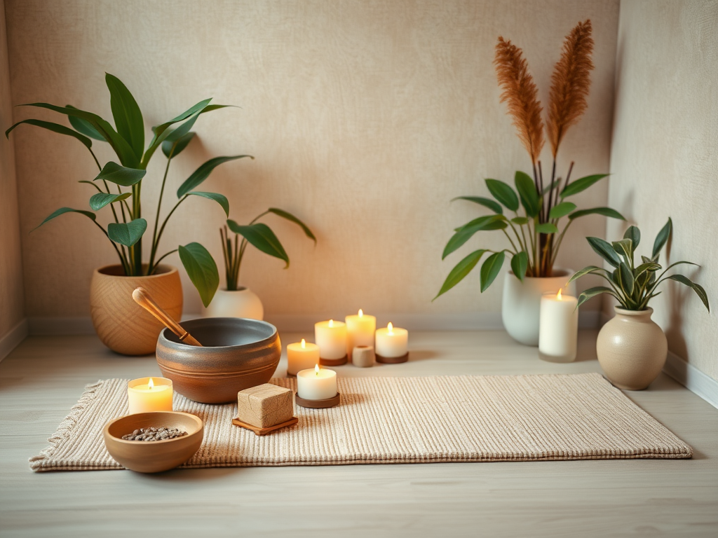 Een serene wellnessruimte met mat, kaarsen en planten.