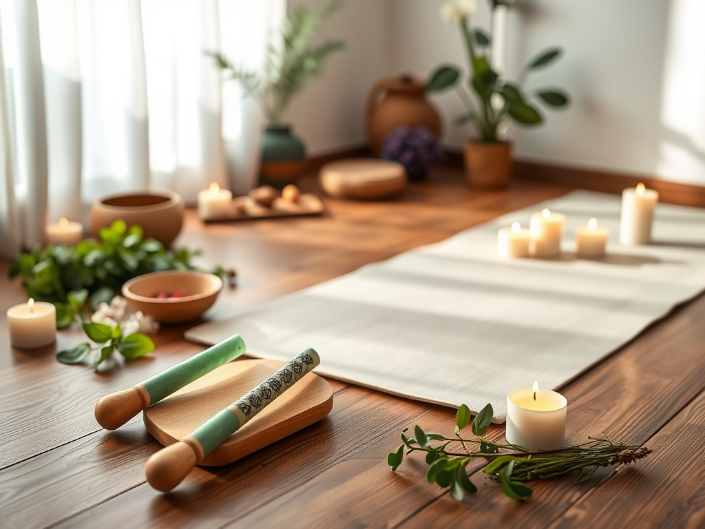 Een serene wellnessstudio met zachte verlichting en een yoga mat.