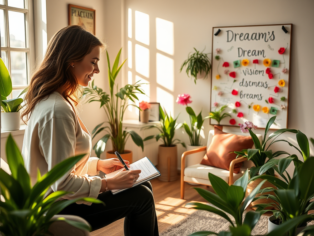 Een vrouw schrijft notities in een zonnige kamer omringd door planten.